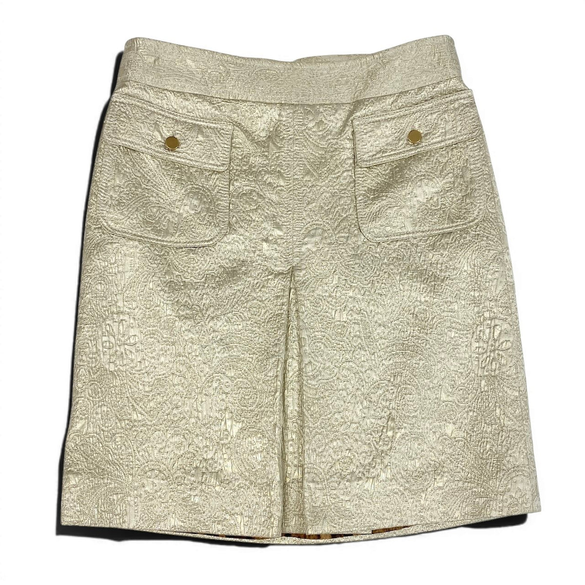 @Ed18 DOLCE&GABBANA Jacquard Tight Skirt, Knee-Length, Front Pockets, Size 40, Ivory Gold, Women'su02t