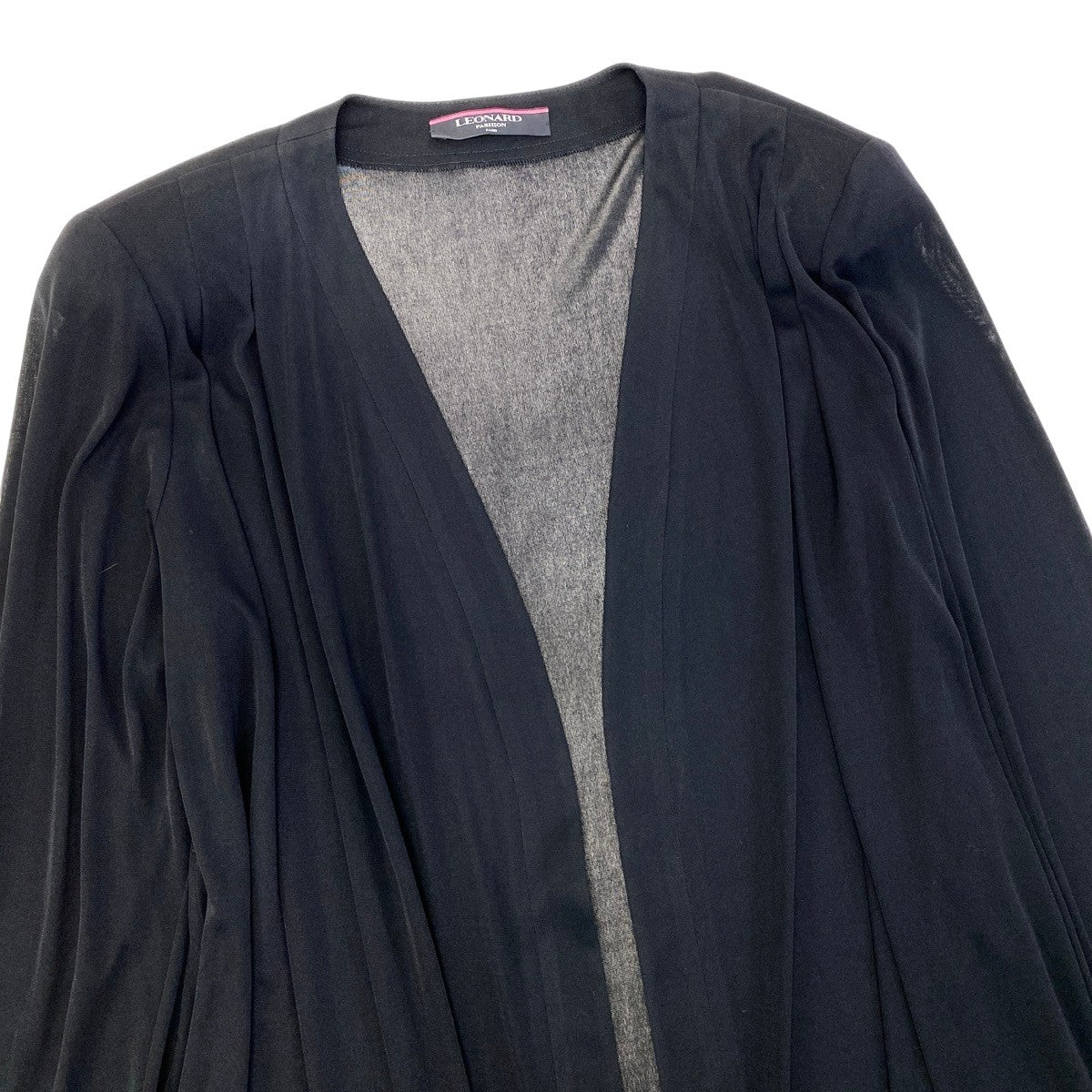 37g17 LEONARD FASHION レオナール ロング シアーカーディガン カンカン素材  サイズL ブラック レディースu02t