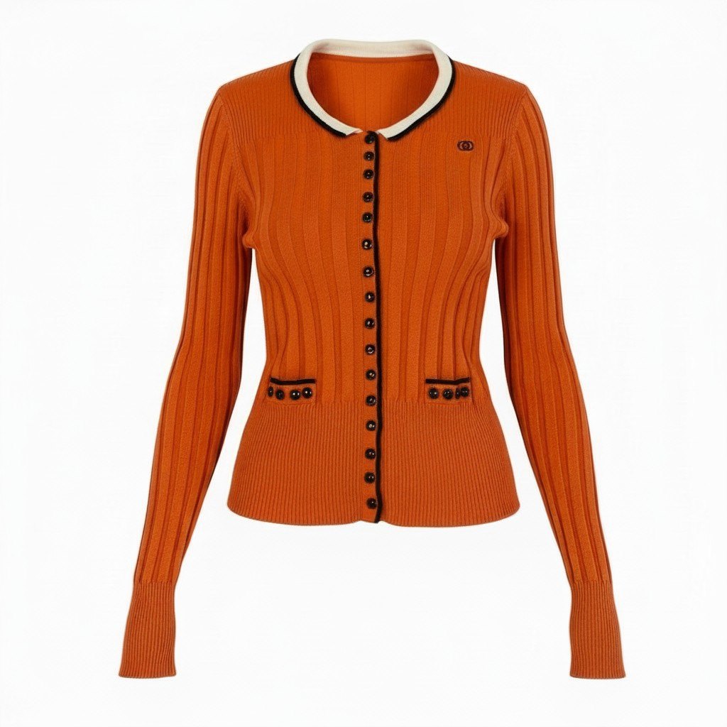 @Ic18 GUCCI (Tom Ford era) Rib-knit long-sleeved cardigan with interlocking G embroidery, women's size S, orange, linen and silk.ta1