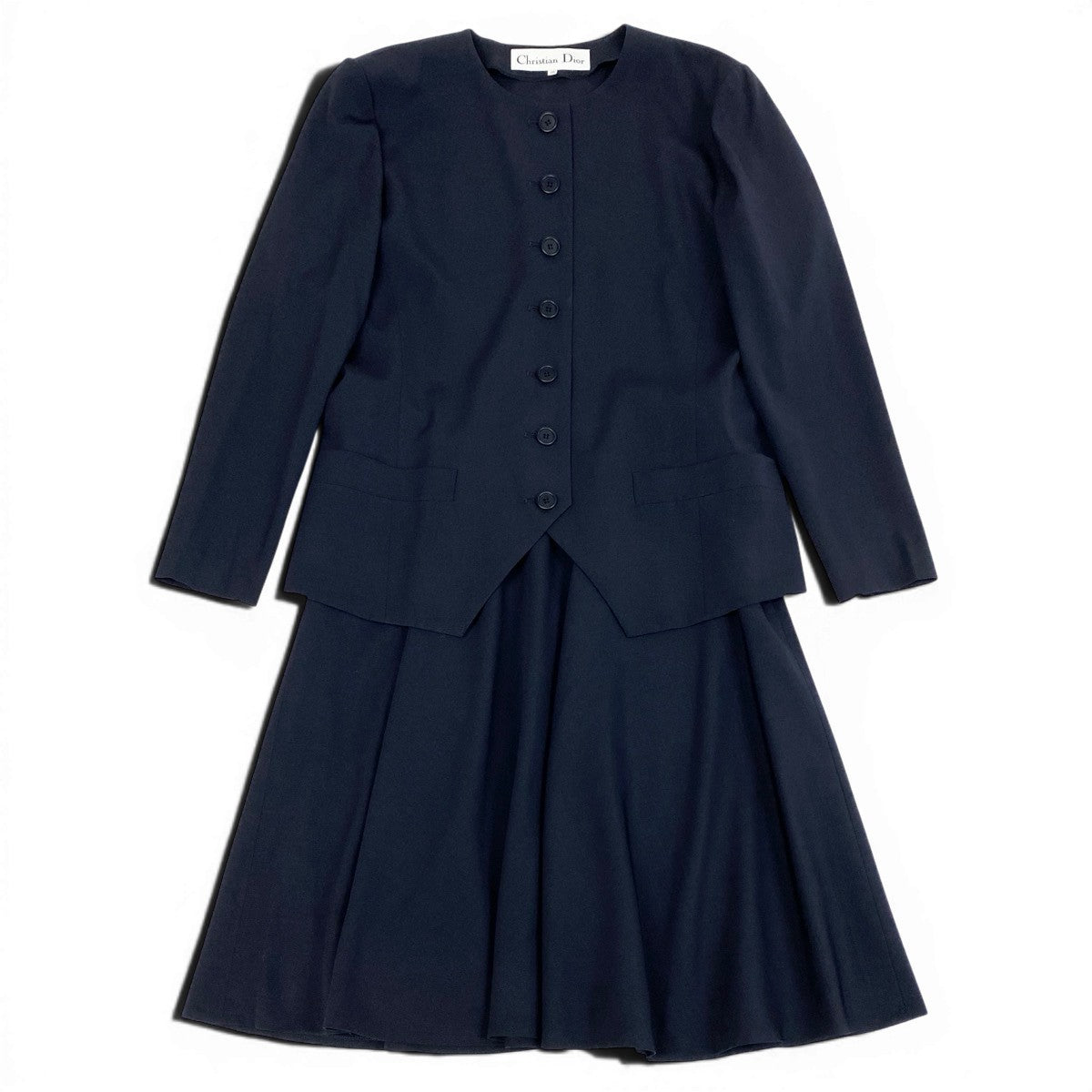 @L Eg11 Christian Dior Collarless Jacket Flare Skirt Suit Set Size 13 Navy Women o07t