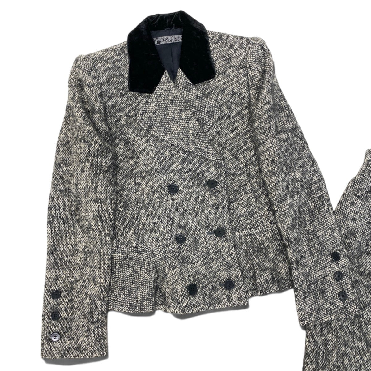 91h3 GIVENCHY Velour-trimmed tweed jacket and skirt set, size 8.u02t