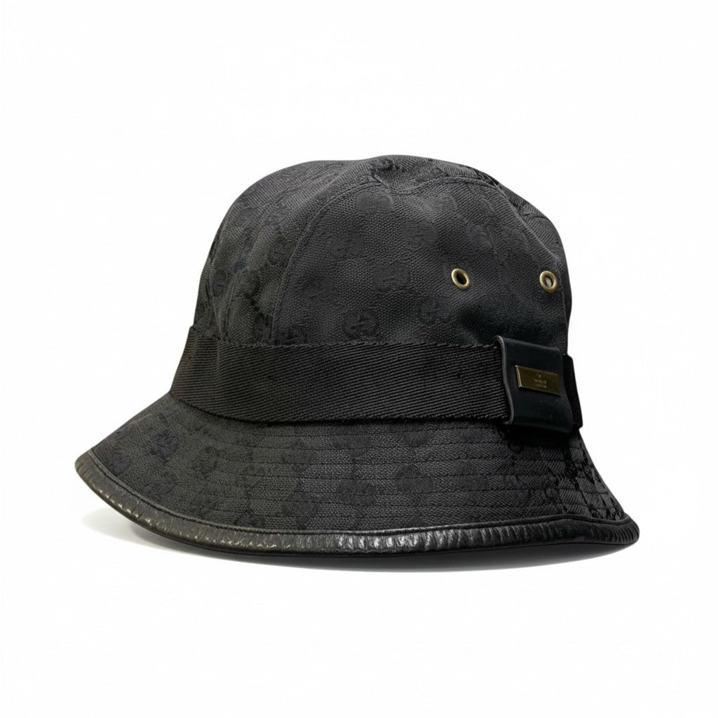 ＠c18 GUCCI Gold Plate GG Canvas Bucket Hat Black Size M Made in Italy Unisex Hatt18r