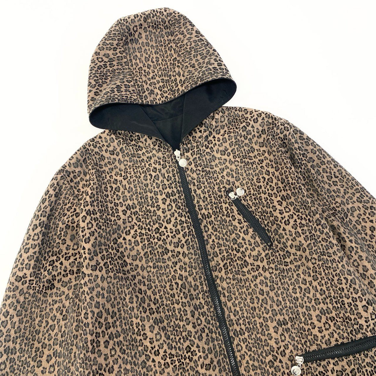 @ S Ib6 FENDI Logo Leopard Reversible Coat Brown Zip Up Unisexu02t