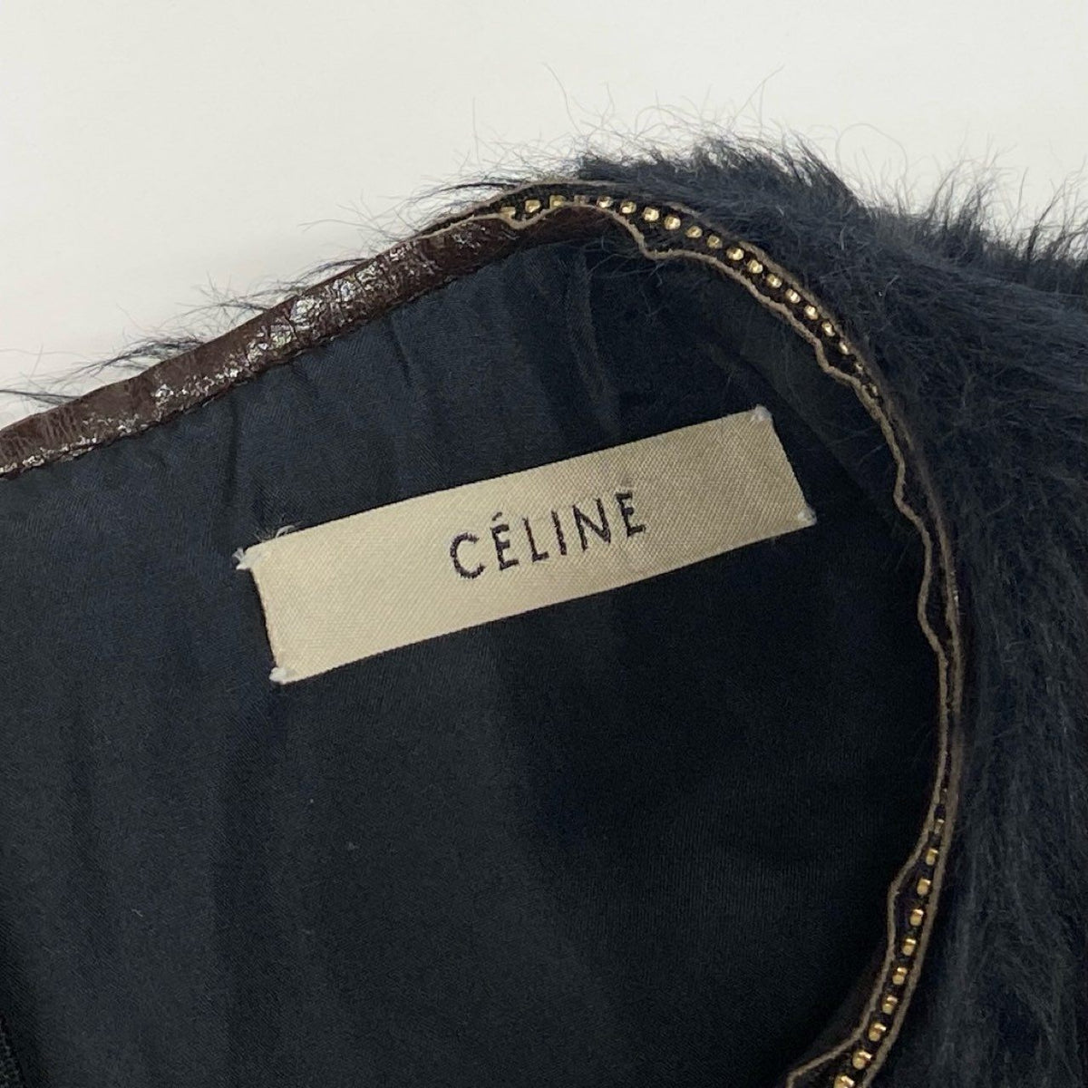 J@ Eb11 CELINE Phoebe-era alpaca wool blouse with fur trim, short sleeves, size 36, black, for womenk02i