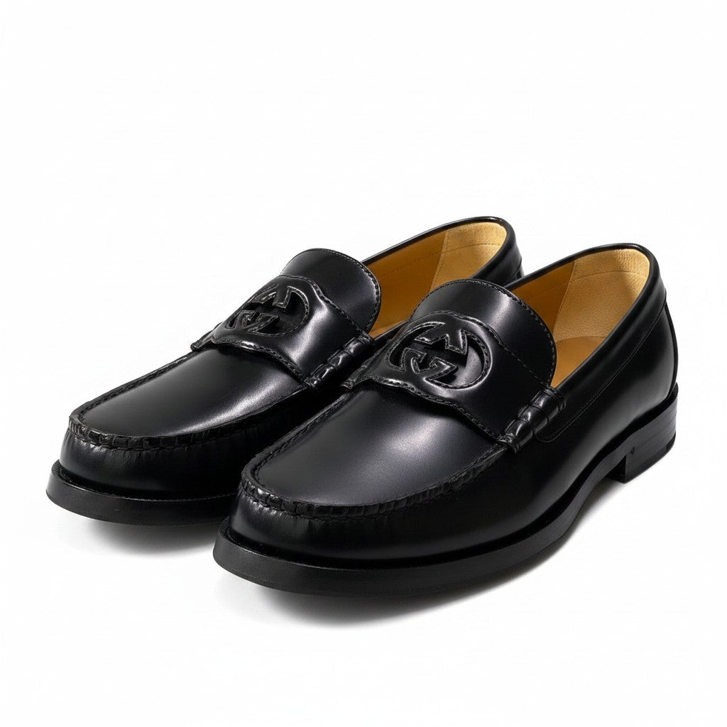 ＠e4 GUCCI Interlocking GG Logo Loafers Black Leather Slip On Dress Shoes 738470 Size 8.5 Men’s Italyo07t